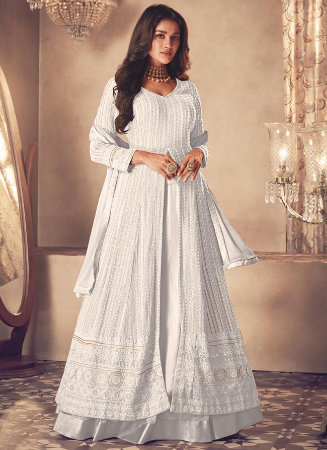 Georgette White Party Wear Embroidery Work Indo Western